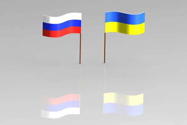 Flags Ukraine Russia Stand Side Side Gray Background Reflection Flags — Stock Photo, Image
