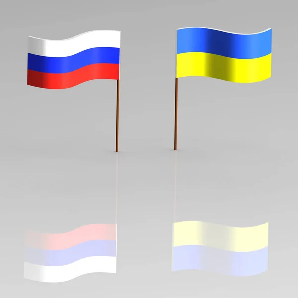 Flags Ukraine Russia Stand Side Side Gray Background Reflection Flags — Stock Photo, Image