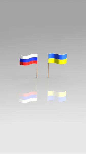 Flags Ukraine Russia Stand Side Side Gray Background Reflection Flags — Stock Photo, Image