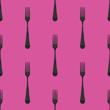 Kusursuz desen. Mor arkaplanda çatal üstü görünümü. Yüzeye başvurmak için şablon. Düz yatıyordu. 3 boyutlu görüntü. 3B görüntüleme.