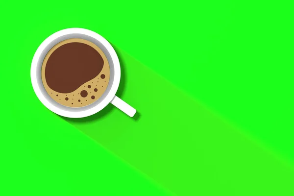 在霓虹绿的背景上的一杯白咖啡 很长的影子从杯子里出来 令人神清气爽的饮料水平图像 3D图像 3D渲染 — 图库照片