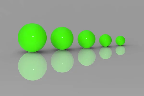 Five Glass Balls Different Sizes Neon Green Color Gray Background — ストック写真