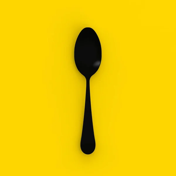 Spoon Fekete Yello Háttér Elszigetelt Tárgy Lapos Fekvés Négyzet Kép — Stock Fotó