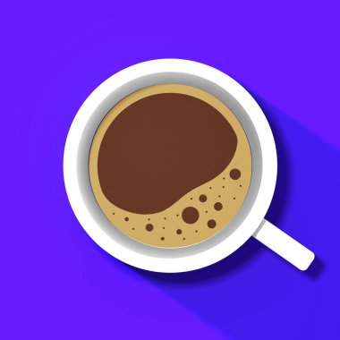 Mavi arka planda beyaz bir fincan kahve. Fincandan uzun bir gölge. Canlandırıcı bir içki. Kare görüntü. 3 boyutlu görüntü. 3B görüntüleme.