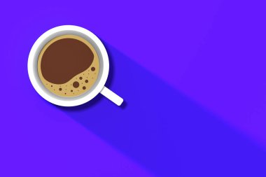 Mavi arka planda beyaz bir fincan kahve. Fincandan uzun bir gölge. Canlandırıcı bir içki. yatay görüntü. 3 boyutlu görüntü. 3B görüntüleme.