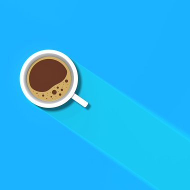 Mavi arka planda beyaz bir fincan kahve. Fincandan uzun bir gölge. Canlandırıcı bir içki. Kare görüntü. 3 boyutlu görüntü. 3B görüntüleme.