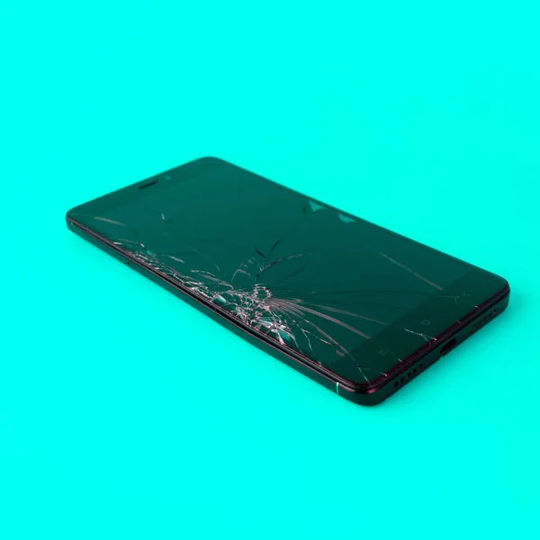 Mobile Phone Broken Screen Lies Blue Background Broken Smartphone Electronic — Fotografia de Stock
