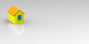 Gri arka plandaki ev. Konut kredisi. Ev kredisi. Bir ev alıyorum. Bölgeye yerleştirme pankartı. Yatay görüntü. 3 boyutlu görüntü. 3B görüntüleme.