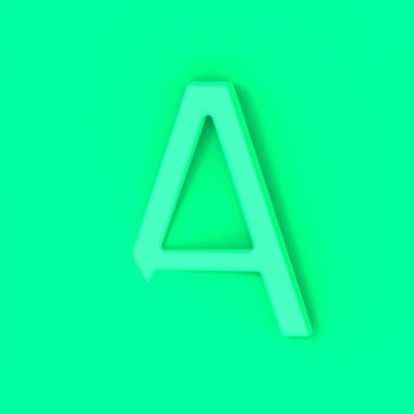 A harfi yeşil arka planda. Mektubun bir kısmı arka planda kaldı. Kare görüntü. 3 boyutlu görüntü. 3B görüntüleme.