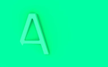 A harfi yeşil arka planda. Mektubun bir kısmı arka planda kaldı. Yatay görüntü. 3 boyutlu görüntü. 3B görüntüleme.