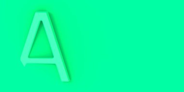 Letter A Is green on greeen background. Part of letter is immersed in background. Banner for insertion into site. Horizontal image. 3D image. 3D rendering.
