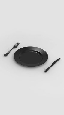 Gri arka planda bir kase siyah renk. Tabağın yanında gri bir çatal ve bıçak var. Masa parçaları. Dikey görüntü. 3 boyutlu görüntü. 3B görüntüleme.