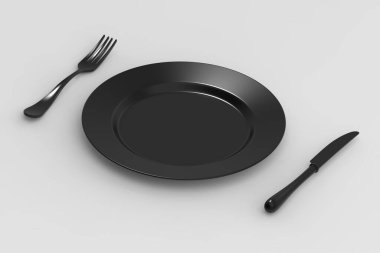 Gri arka planda bir kase siyah renk. Tabağın yanında gri bir çatal ve bıçak var. Masa parçaları. Yatay görüntü. 3 boyutlu görüntü. 3B görüntüleme.