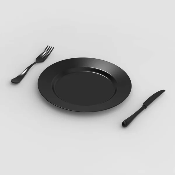 灰色背景上的黑色碗 盘子旁边是一把灰色的刀叉 表项目 正方形图像 3D图像 3D渲染 — 图库照片