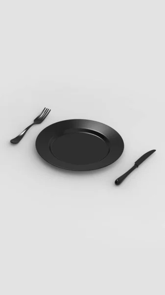 Bowl Black Color Gray Background Next Plate Gray Knife Fork — Stock Fotó