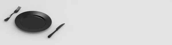 Миска Чорного Кольору Сірому Фоні Поруч Тарілкою Сірий Ніж Виделка — стокове фото