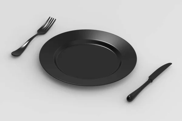 灰色背景上的黑色碗 盘子旁边是一把灰色的刀叉 表项目 横向图像 3D图像 3D渲染 — 图库照片