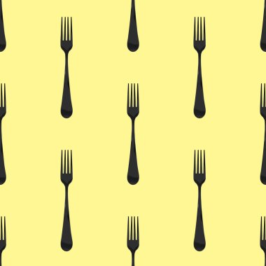 Kusursuz desen. Pastel sarı arkaplanda çatal üst görünümü. Yüzeye başvurmak için şablon. Düz yatıyordu. 3 boyutlu görüntü. 3B görüntüleme.