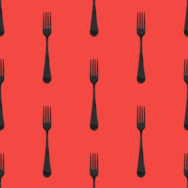 Kusursuz desen. Kırmızı arkaplanda çatal üst görünümü. Yüzeye başvurmak için şablon. Düz yatıyordu. 3 boyutlu görüntü. 3B görüntüleme.