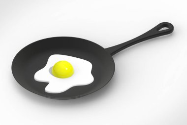 Beyaz arka planda kızartma tavasında kızarmış yumurta. Kızartma cihazının yan görüntüsü. Tavuk yumurtası ızgarada pişirilir. 3 boyutlu görüntü. 3d oluşturma.