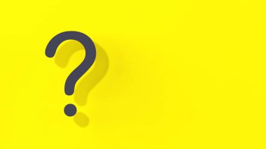 Sarı arka planda gölgesi olan soru işareti. Teknik destek. Sorulara cevaplar. Bölgeye yerleştirme pankartı. Metin koşu alanı için yer. Yatay görüntü. 3 boyutlu görüntü. 3B görüntüleme.