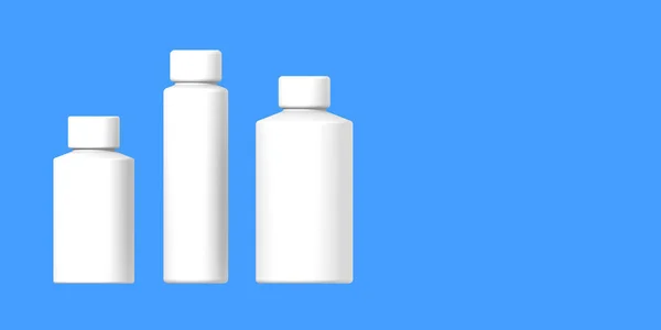Bílé Kosmetické Láhve Izolované Modrém Pozadí Kosmetický Obal Tři Nádoby — Stock fotografie
