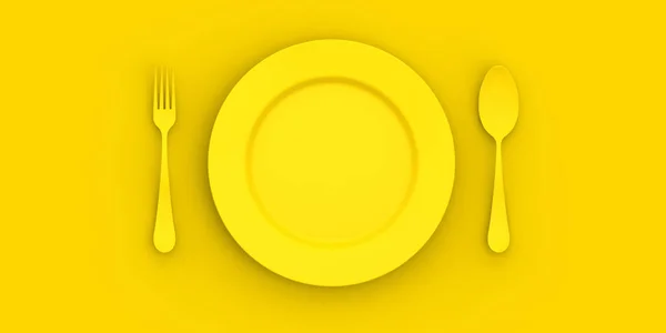 黄色の背景に黄色の色のプレート プレートの横に黄色のスプーンとフォークです 表の項目 サイトへの挿入のためのバナー 水平画像 3D画像 3Dレンダリング — ストック写真