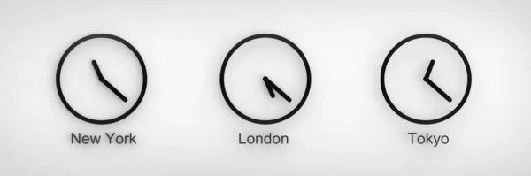 Часы Разным Временем Часовой Пояс Нью Йорка Лондона Токио Горизонтальное — стоковое фото