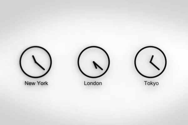 时间读数不同的时钟 伦敦和东京的时区 横向图像 3D图像 3D渲染 — 图库照片