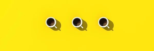 Three White Cups Coffee Yellow Background View Banner Insertion Site — Stock Photo, Image