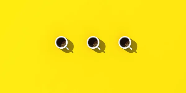 Три Білі Чашки Кави Жовтому Фоні Вид Зверху Прапор Вставки — стокове фото