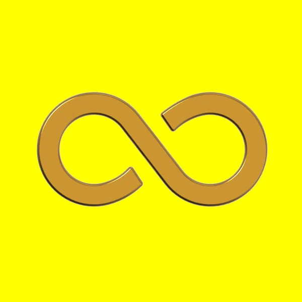 The sign of infinity is golden, isolated on a yellow background. Symbol of infinity. Square image. 3D image. 3D rendering.