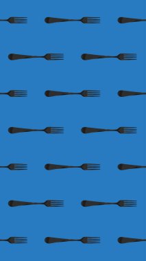 Kusursuz desen. Mavi arkaplanda çatal üst görünümü. Yüzeye başvurmak için şablon. Dikey görüntü. Düz yatıyordu. 3 boyutlu görüntü. 3B görüntüleme.