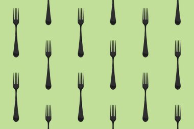 Desen. Bezelye arkaplanındaki çatal üst görünümü. Yüzeye başvurmak için şablon. Düz yatıyordu. Yatay görüntü. 3 boyutlu görüntü. 3B görüntüleme.