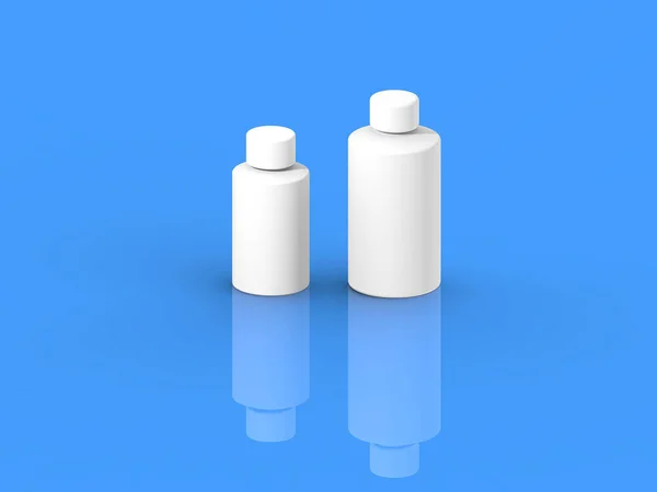 Duas Garrafas Cosméticas Brancas Isoladas Num Fundo Azul Embalagem Cosmética — Fotografia de Stock