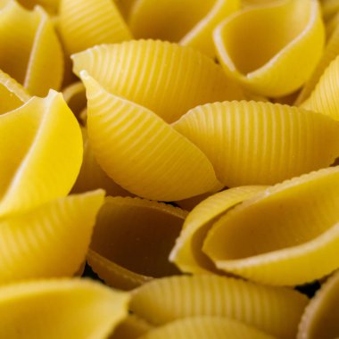 Makarna Conchiglioni yakın plan. Sarı makarna. makarna dokusu. Yatay resim
