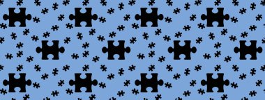 Desen. Pastel mavi arka planda siyah yapboz elementlerinin resmi. Bilmece. Yüzeye uygulama şablonu. Bölgeye yerleştirme pankartı. 3 boyutlu görüntü. 3B görüntüleme.