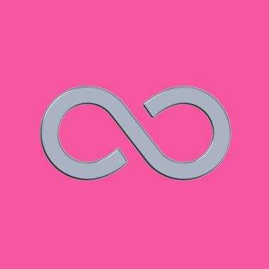 Sonsuzluğun işareti mor bir arka planda izole edilmiş gümüş. Sonsuzluğun sembolü. Kare görüntü. 3 boyutlu görüntü. 3B görüntüleme.