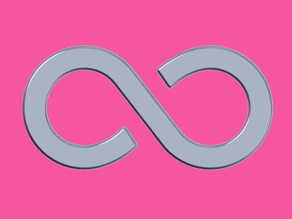 The sign of infinity is silver, isolated on a purpur background. Symbol of infinity. Horizontal image. 3D image. 3D rendering.