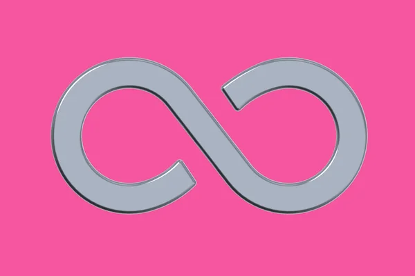 The sign of infinity is silver, isolated on a purpur background. Symbol of infinity. Horizontal image. 3D image. 3D rendering.