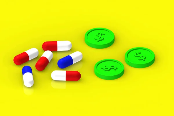 Red Blue Capsules Lie Yellow Background Reflection Green Coins Nearby — Stock Photo, Image