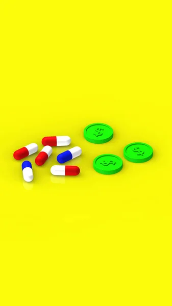 Red Blue Capsules Lie Yellow Background Reflection Green Coins Nearby — Stock Photo, Image