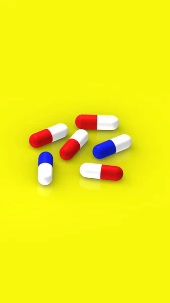 Piros Kék Kapszulák Sárga Alapon Tükörképpel Vannak Ellátva Gyógyszer Függőleges — Stock Fotó