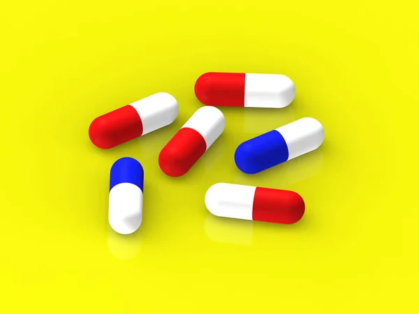 Kırmızı ve mavi kapsüller sarı arka planda yansımalı olarak dururlar. İlaç tedavisi. Yatay görüntü. 3 boyutlu görüntüleme. 3B resim