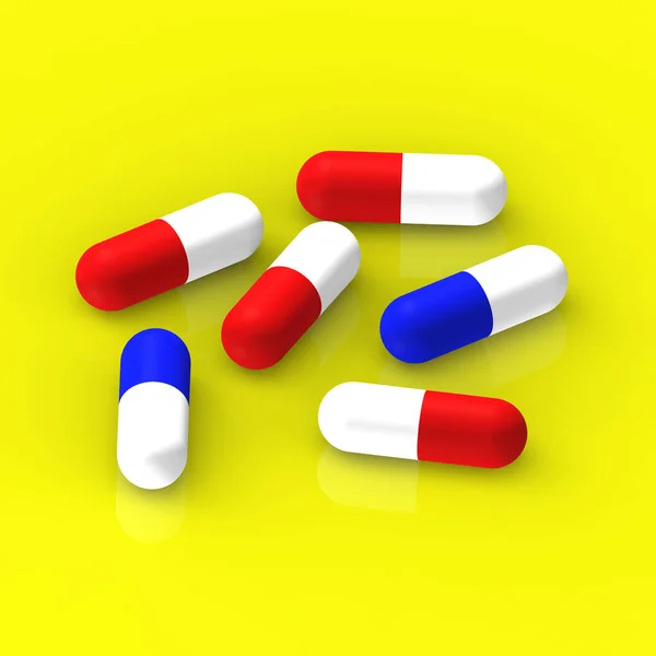 Piros Kék Kapszulák Sárga Alapon Tükörképpel Vannak Ellátva Gyógyszer Négyzet — Stock Fotó