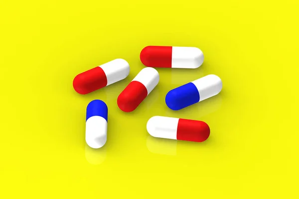 Czerwone Niebieskie Kapsułki Leżą Żółtym Tle Odbiciem Leki Poziomy Obraz — Zdjęcie stockowe