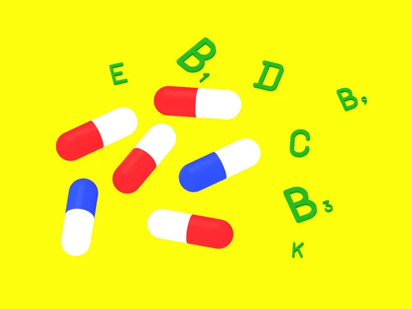 Különböző Színű Orvosi Kapszulák Vitaminok Kimutatása Zöld Színű Szimbólumokkal Egészséges — Stock Fotó