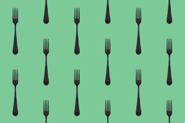 Desen. Pastel yeşil arkaplanda çatal üst görünümü. Yüzeye başvurmak için şablon. Yatay görüntü. Düz yatıyordu. 3 boyutlu görüntü. 3B görüntüleme.