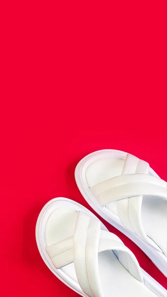 Women Summer White Slippers Red Background Slippers Vertical Image — Stock Photo, Image