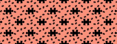 Desen. Pastel kırmızı arka planda siyah yapboz elementlerinin görüntüsü. Bilmece. Yüzeye uygulama şablonu. Bölgeye yerleştirme pankartı. Yatay görüntü. 3 boyutlu görüntü. 3B görüntüleme.